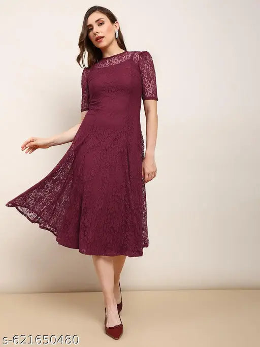Globus Women Red Round Neck Puff Sleeves Flared Hem Panelled Floral Lace A-Line Midi Party Dress