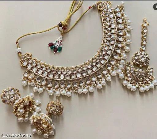 Royal Gold White Pearl Kundan Bridal Choker Necklace Set for Women & Girls | Wedding Jewellery Set with Earrings & Maang Tikka