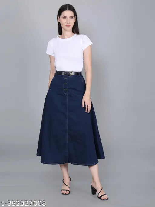 Codaisy Long Stretchable denim blue Skirt with Front Pockets - All Seasons Perfect for Western Style