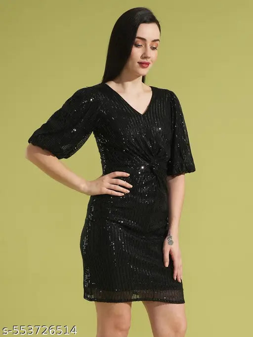 Globus Women Black Puff Sleeves V-Neck Twisted Detail Bodycon Sequinned Mini Party Dress