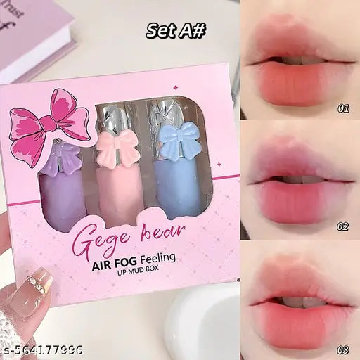 GEGE BEAR Liquid Lipstick | Korean-Style Glossy Lipstick for Girls | Nuo Nuo Cherry Red Tint | Moisturizing Velvet Liquid Lipstick | Cute Bow Packaging