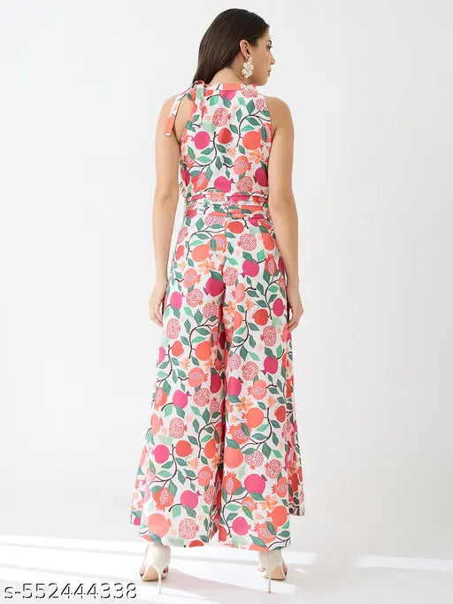 Globus Women Pink Floral & Fruit Print Halter Neck Pleated Detail Flared Fusion Jumpsuit