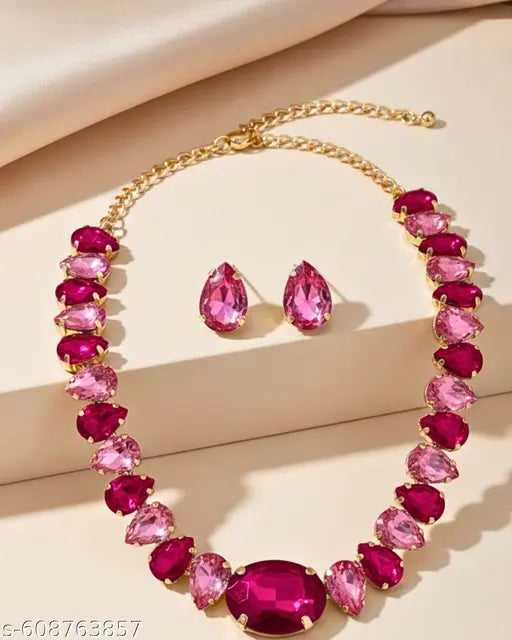 Mansiyaorange Pink Cubic Zerconia AD Stone Amercican  Gold Plated Party Office Function Wear Necklace Imitation Choker Jewelry Set For Women