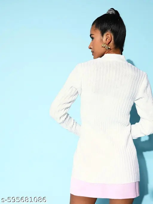 Berrylush Women Solid White V-Neck Acrylic Ribbed Hem Regular Sweater