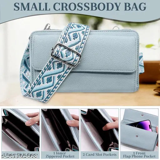 Women Blue Print Purse with Coin Bag Small PU Crossbody Phone Pouch Nylon Webbing Strap Compact Casual Shoulder Sling Bag