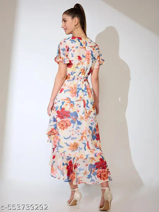 Globus Women White Floral Print Neck Flared Sleeves Waist Tie-Up Ruffled Tulip Hem A-line Midi Dress