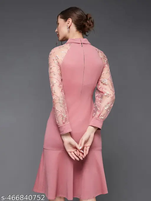 Miss Chase  Women's Dusty Pink & Golden Solid Embroidered Double Breasted Knee Length Dress