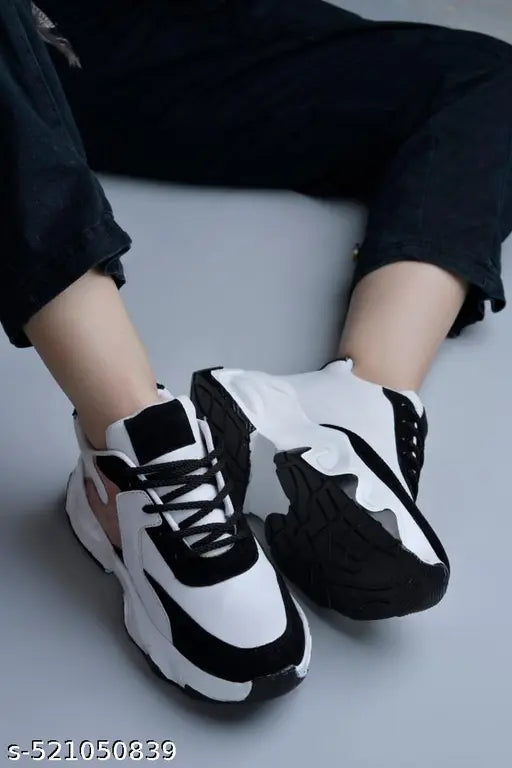 JM LOOKS Women's  Chunky Sneakers Casual Shoe Fashionable Running Walking Gym Shoes for Women's & Girl's 2 Inch Height (Black-White)