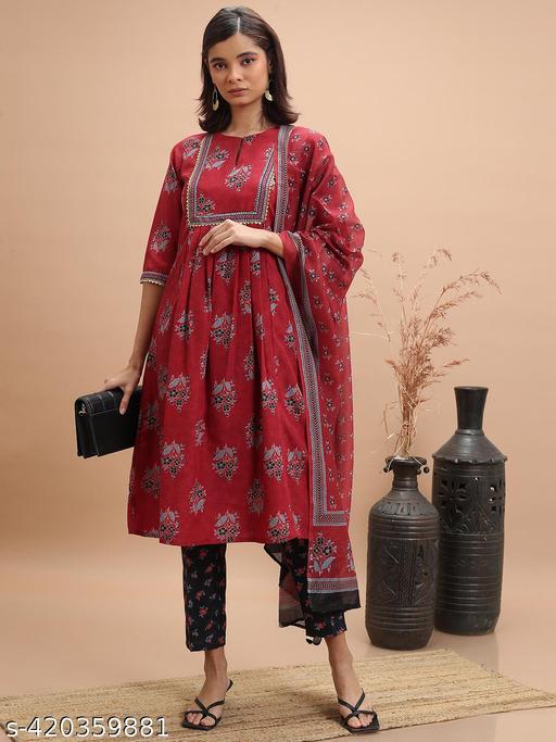 Ketch Women Red Printed Kurta With Trouser & Dupatta