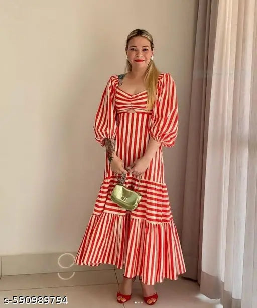 Honky Tonky Red & White Striped Puff Sleeve Maxi Dress