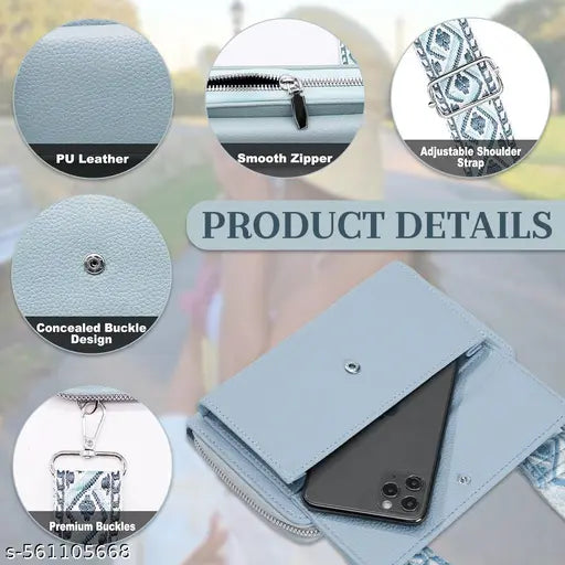 Women Blue Print Purse with Coin Bag Small PU Crossbody Phone Pouch Nylon Webbing Strap Compact Casual Shoulder Sling Bag