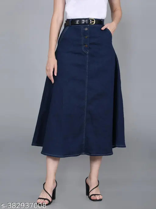 Codaisy Long Stretchable denim blue Skirt with Front Pockets - All Seasons Perfect for Western Style