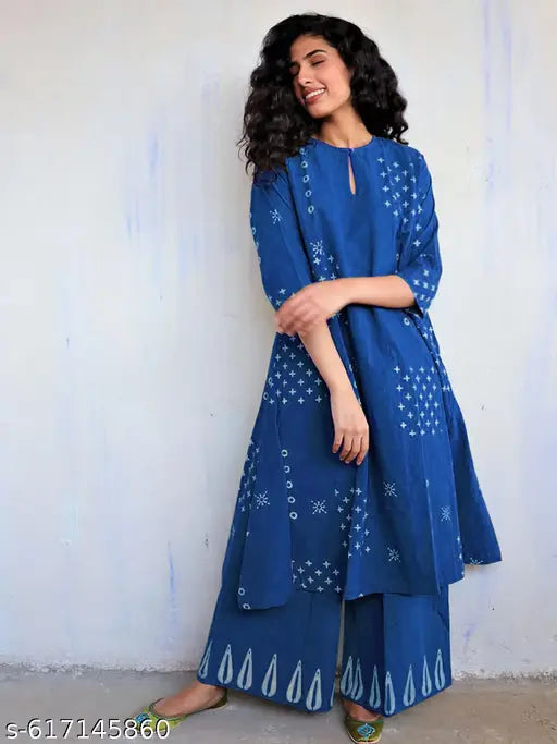 Anni Designer Women's Rayon Viscose Blue A-Line Printed Kurta Set | 2-Piece Daily Wear Suit with Palazzo| Stylish Office Wear Ethnic Rayon Dress