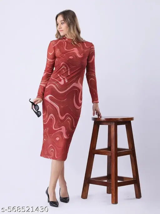 Women Abstract Printed Lycra Net Mock Neck Bodycon Midi Dress