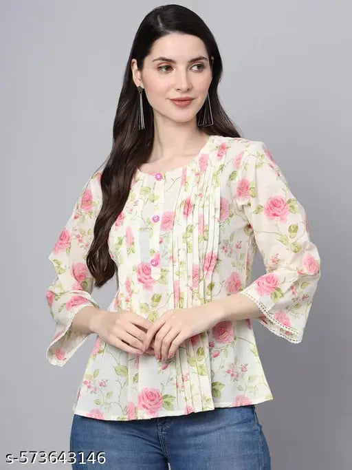 FABRIC FITTOR Elegant Floral Printed OFF White Cotton Top for Women(White)