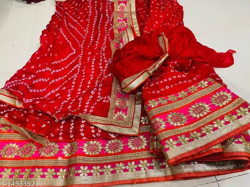 PK HUB Women's Jaipuri Crepe Lehenga Choli with Art Silk bandhej Dupatta Gota Patti Work