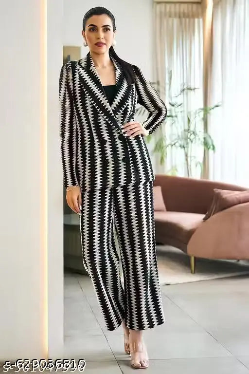 Black Latest Design Zig Zag Crochet Set Top  with  Palazzo  and  Jacket