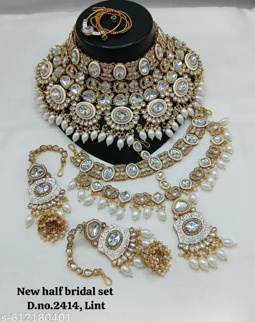 Traditional Kundan Pearl Heavy Bridal Jewellery Set | Gold Plated Wedding Choker Necklace Set with Earrings, Maang Tikka, Nath & Hath Phool for Women