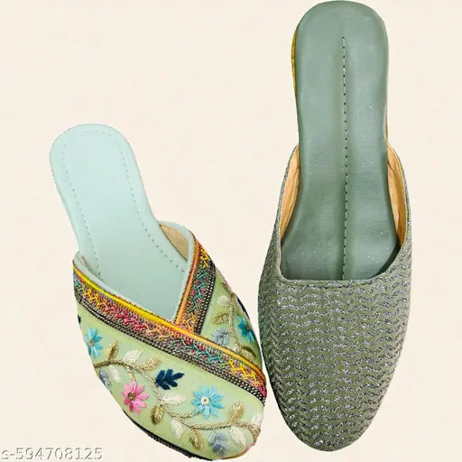 Women’s Stylish Green Jutti & Embroidered Rajasthani Mojari Combo, Designer Punjabi Jutti for Girls, Traditional Wedding Party Wear Footwear, Comfortable Slip-On Ethnic Flats, Trendy Daily Wear & Festive Wear & Affordable Stylish Footwear Collection Must-