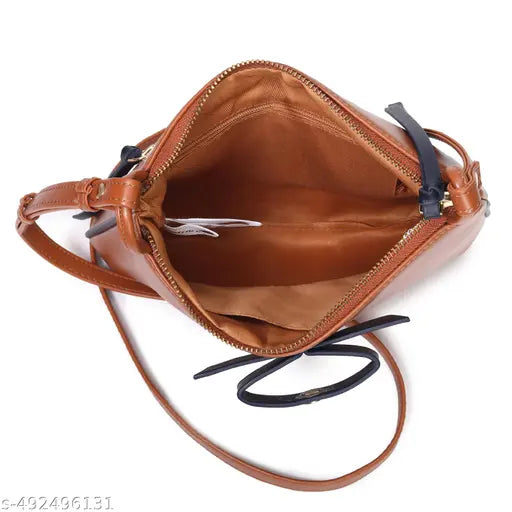 Fastrack Tan PU Structured Sling Bag for Women with Bow Detail