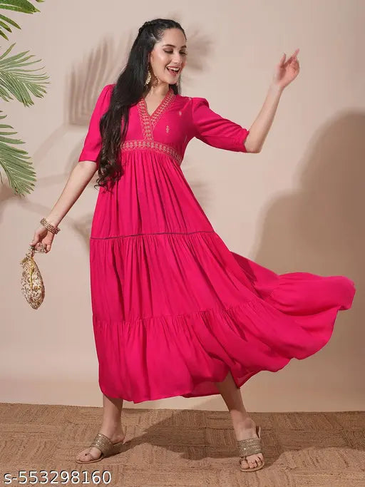 Globus Women Pink Embroidered V-Neck Puff Sleeves Gathered & Tiered A-Line Midi Festive Dress