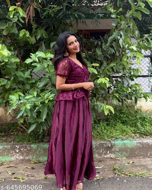 THE KAVYAHI FASHION Women's Wine Color Embroidered Peplum Top & Flared Skirt Set | Partywear Crop Top & Maxi Skirt