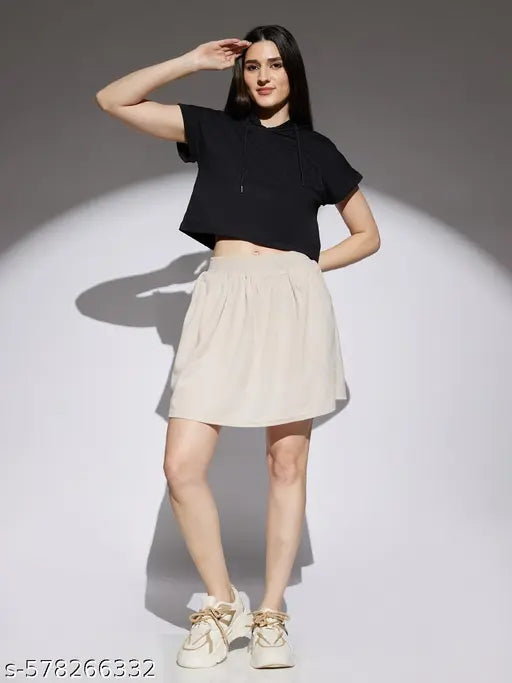 Globus Women Beige Self Design Smocked & Pleated Waist A-Line Mini Skirt