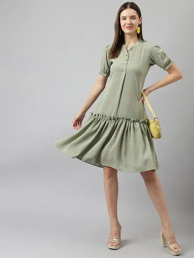 Stylish Olive Georgette Solid A-Line Dress For Women