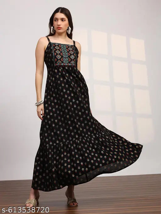 Globus Women Black Ethnic Print Embroidered Detail Square Neck Shoulder Strap Fit and Flare Maxi Dress