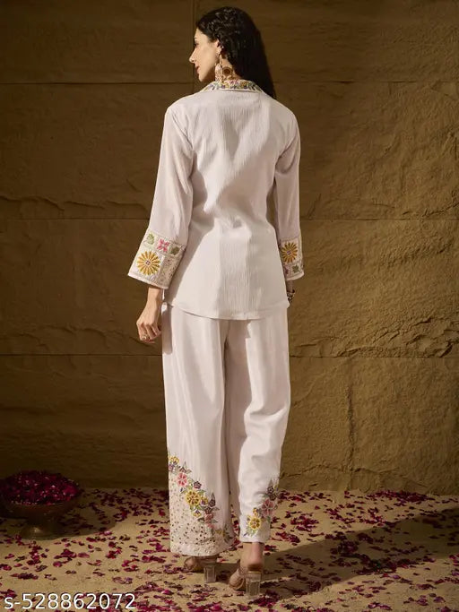 Miss Ethnik Women’s White Color Full Stitched Chinon Co-Ord Set with Santoon Inner Embroidered Top & Bottom Set (1267-White)