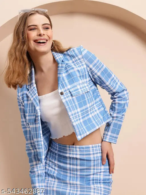 Trendy Sky Blue Checked Co-ord Set for Women with Crop Shirt and Mini Skirt for women| Stylish Plaid Shirt Skirt Set for women | Blazer and mini skirt set for ladies | two-piece dress Western wear | blazer for women | mini skirt with blazer women | blazer