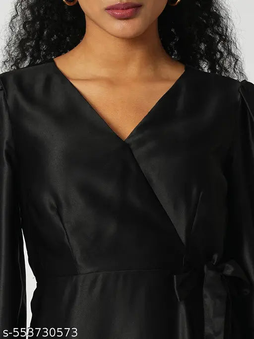 Globus Women Black Neck Cuffed Sleeves Tiered Satin Mini Party Dress