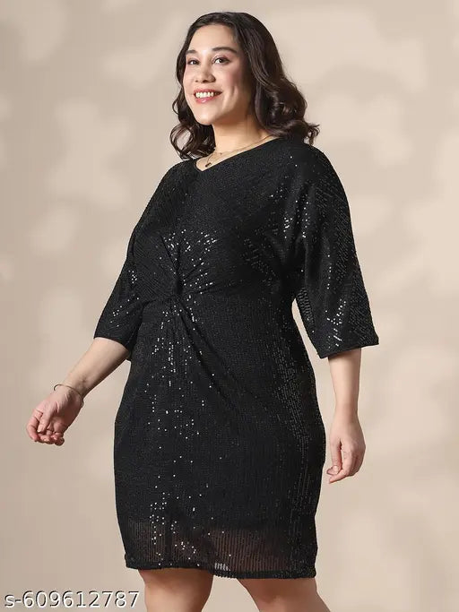Globus Gloplus Women Black V-Neck Extended Sleeves Twisted Detail Sequinned Mini Sheath Plus size Party Dress