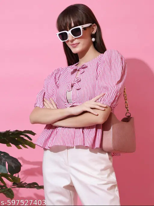 Honky Tonky Women’s Pink & White Striped Peplum Top with Front Tie-Up Bows and Puff Sleeves