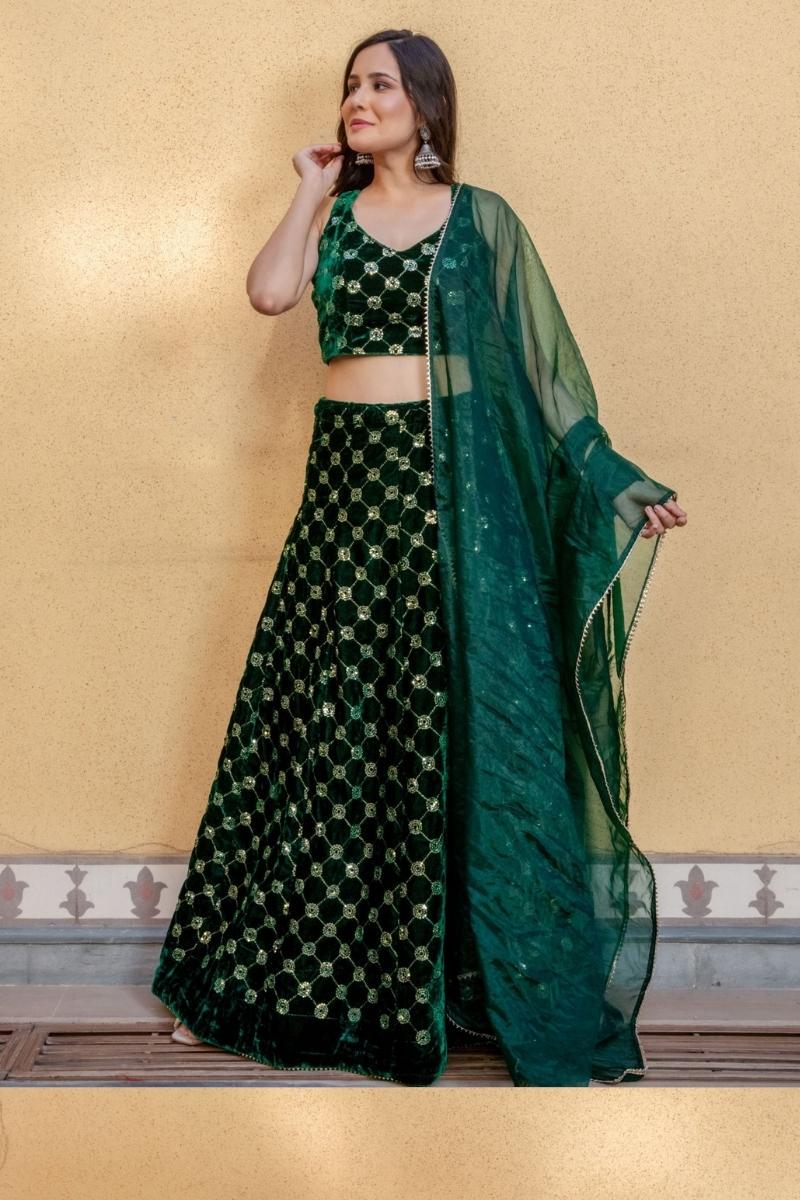Tropical Round Sequence Velvet Lehenga Set
