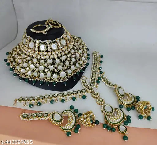 Kian Ornament  Green Meenakari Kundan Bridal Choker Dazzling Necklace Earring Maangtikka Set For Women.