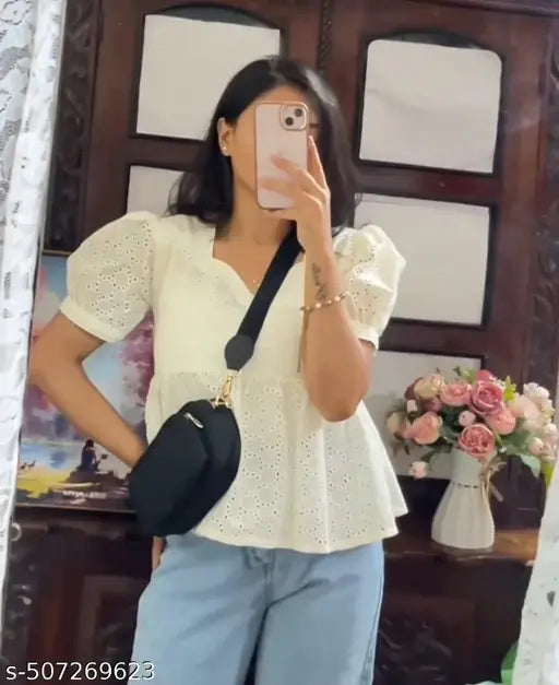 Flaired Cream Hakoba Cotton Top