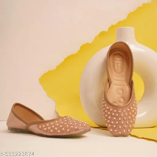 Women Bellies Ethnic Flats Pearl & Stone Embellished Comfortable Lightweight Slip-Ons for Festive Elegance