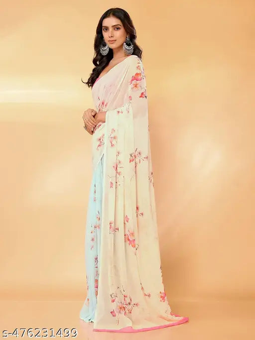 Janasya Women's Peach Georgette Floral Printed Daily Wear Saree with Blouse Piece