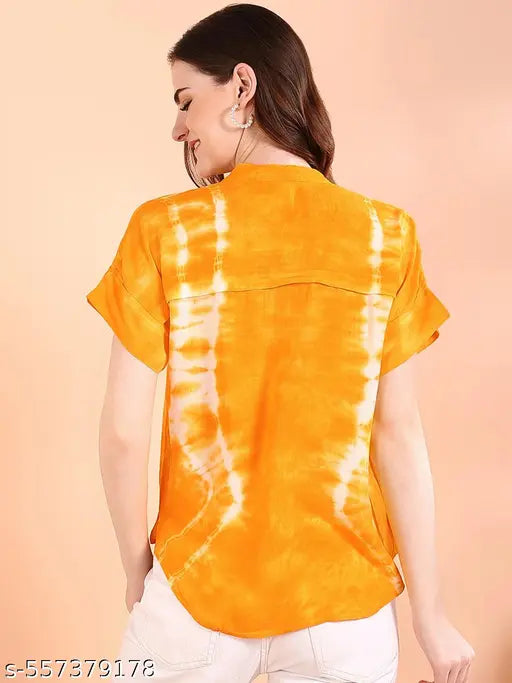 Women's Orange Tie-Dye Mandarin Collar Cotton Shirt
