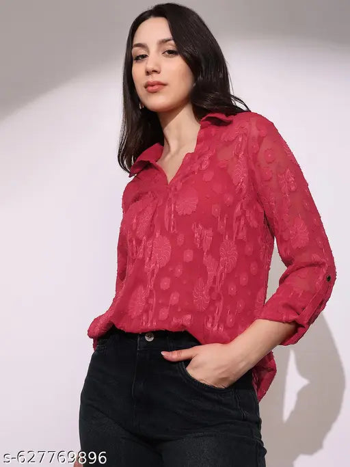 Globus Women Red Collared V-Neck Long Roll-Up Sleeves Floral Self Design Casual Top
