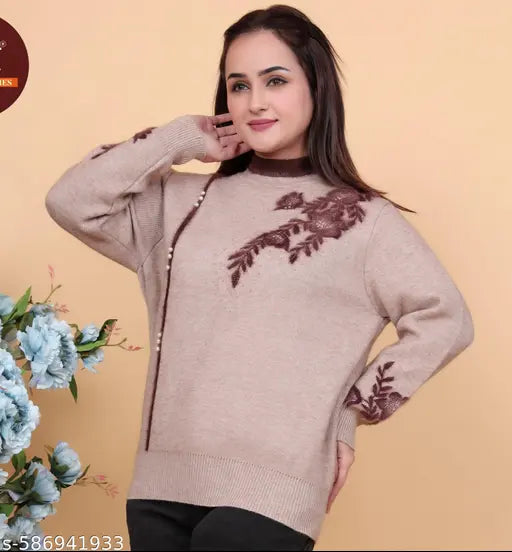 KRITI Stylish Embroidery Woollen Top Beige Color For Women