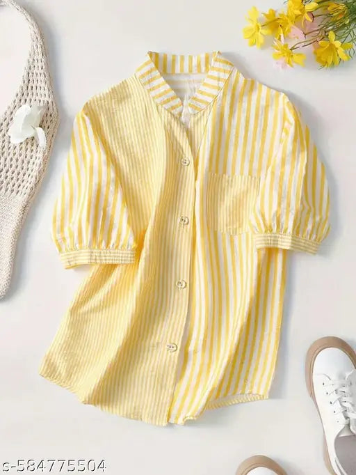 Women Yellow & White Vertical Striped Mandarin Collar Top
