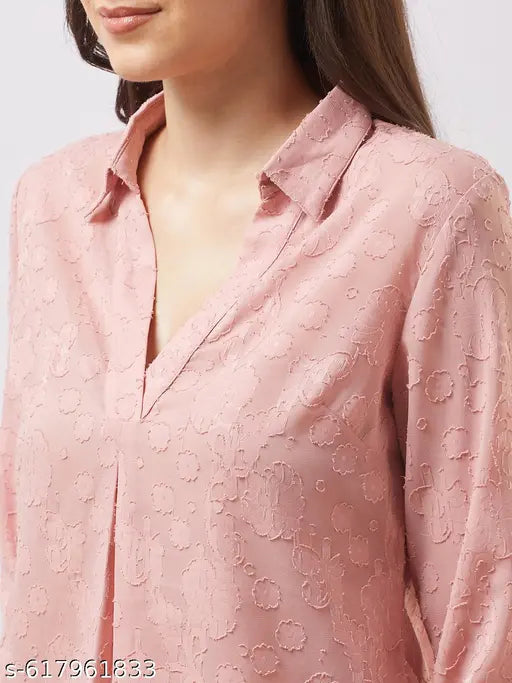 Globus Women Pink Collared V-neck Roll-up Sleeves Floral Self Design Shirt Style Top