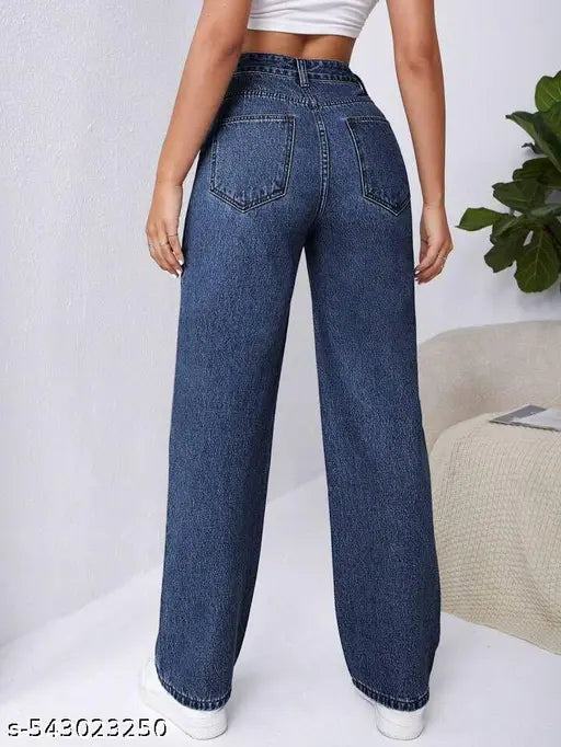 H&H Dark Blue Straight Fit High Waist Non-Stretchable Denim Jeans for Women – Casual Stylish Western Wear