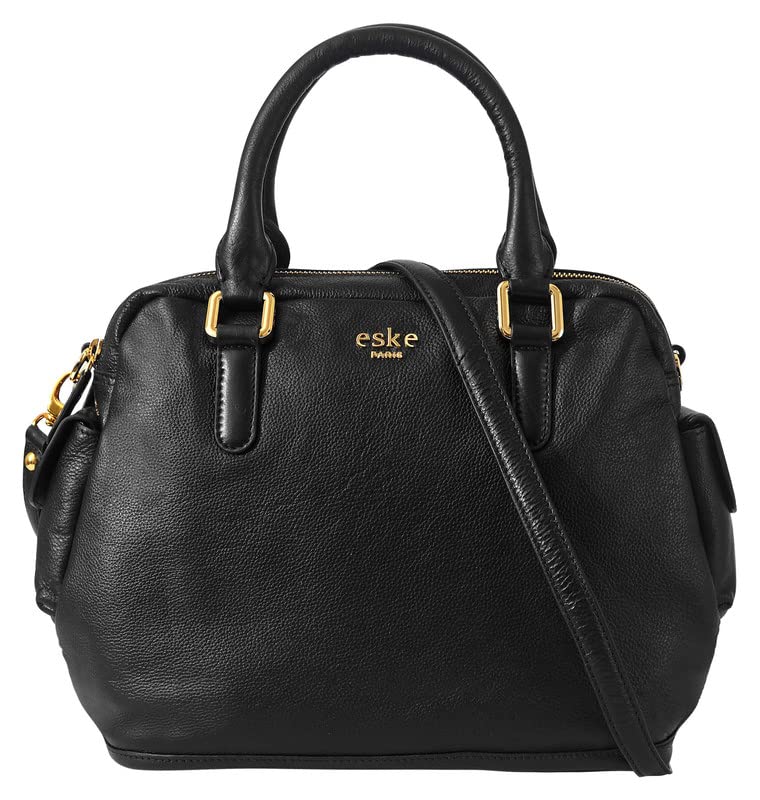 eske Brunonia- Genuine Leather Handbag - Spacious Compartments - Work and Travel Bag - Durable - Water Resistant - Adjustable Strap - For Women (Black) 