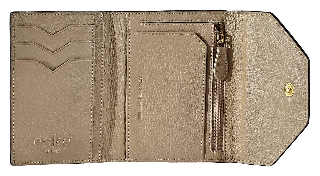 eske Eva - Tri Fold Wallet - Genuine Quilted Leather - Holds Cards, Coins and Bills - 4 Card Slots - Compact Design - Pockets for Everyday Use - Travel Friendly - Water Resistant - for Women 