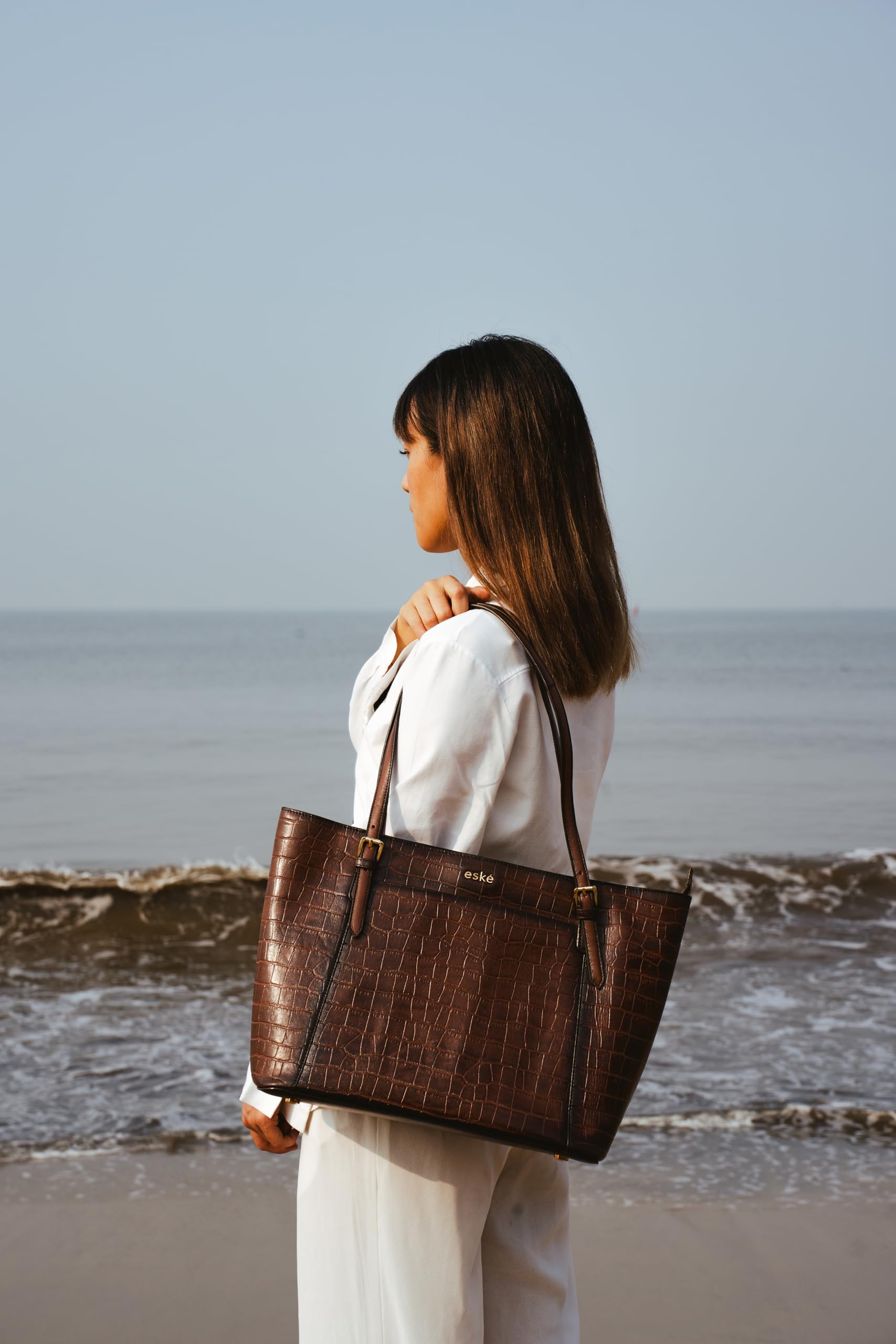 eske Jemma Genuine Leather Tote Bag for Women (Brown Hand-Stitched) 