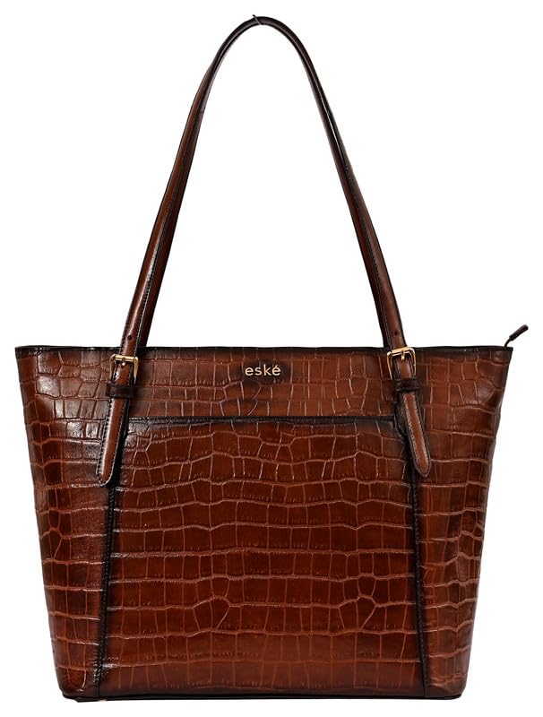 eske Jemma Genuine Leather Tote Bag for Women (Brown Hand-Stitched) 