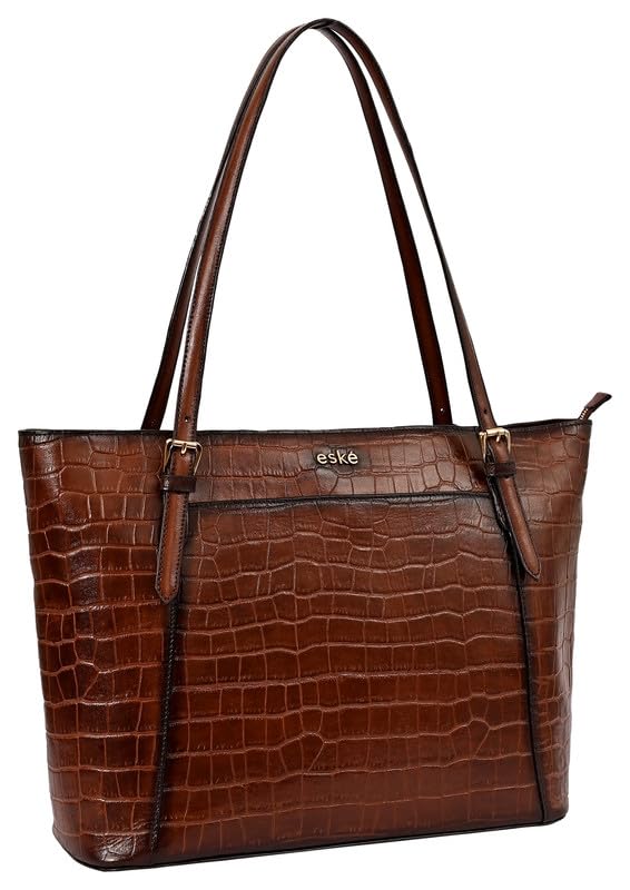 eske Jemma Genuine Leather Tote Bag for Women (Brown Hand-Stitched) 